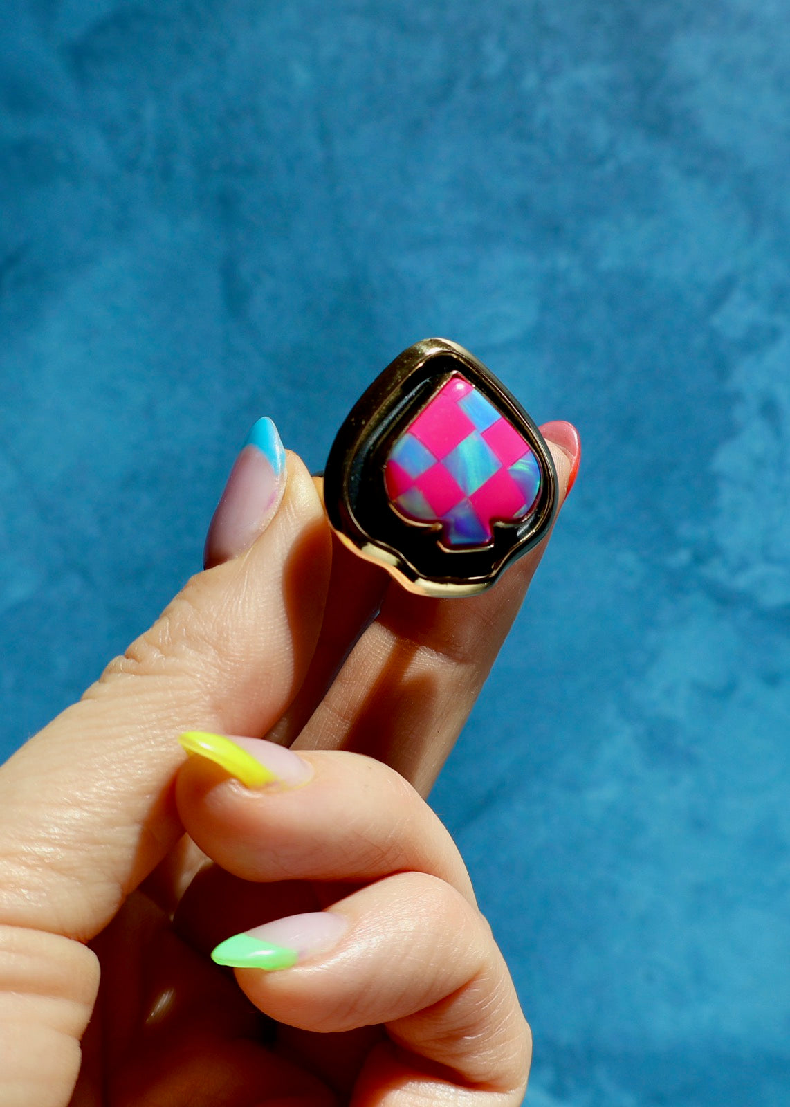 Checkerboard Aurora Opal Heart Adjustable Ring in Gold Alchemia E19