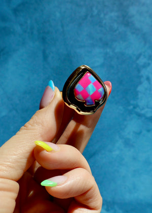 Checkerboard Aurora Opal Heart Adjustable Ring in Gold Alchemia E19