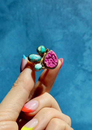 Cobalto Calcite & Turquoise Adjustable Ring in Gold Alchemia E22