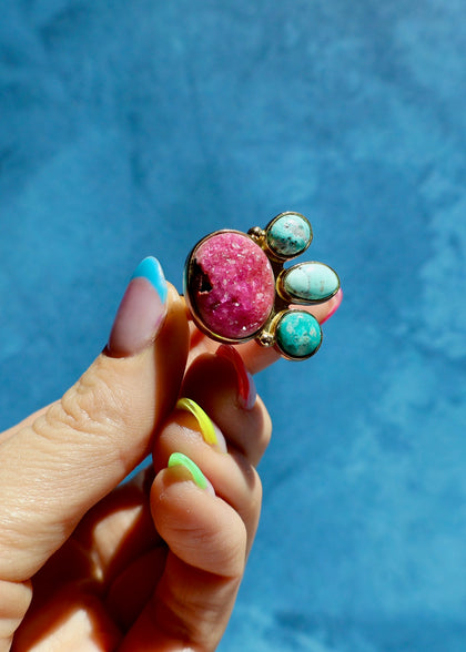 Cobalto Calcite & Turquoise Adjustable Ring in Gold Alchemia