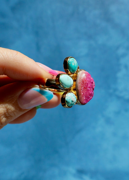 Cobalto Calcite & Turquoise Adjustable Ring in Gold Alchemia