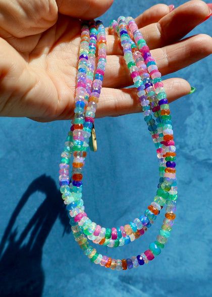 Diamond Clasp Neon Rainbow Faceted Opal Necklace with Campitos Turquoise Heart Pendant