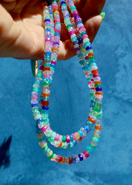 Diamond Clasp Neon Rainbow Faceted Opal Necklace with Campitos Turquoise Heart Pendant
