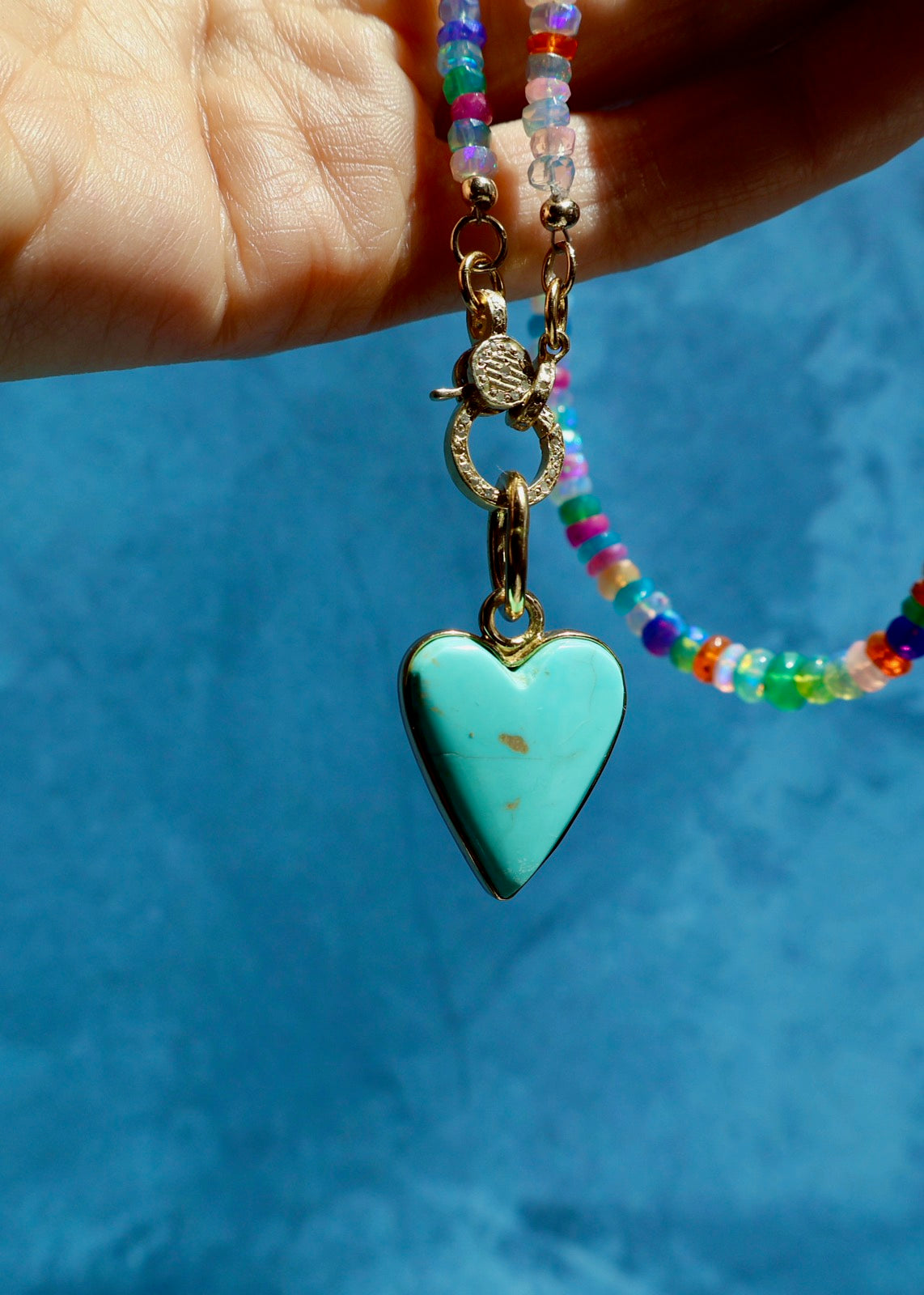 Diamond Clasp Neon Rainbow Faceted Opal Necklace with Campitos Turquoise Heart Pendant E36