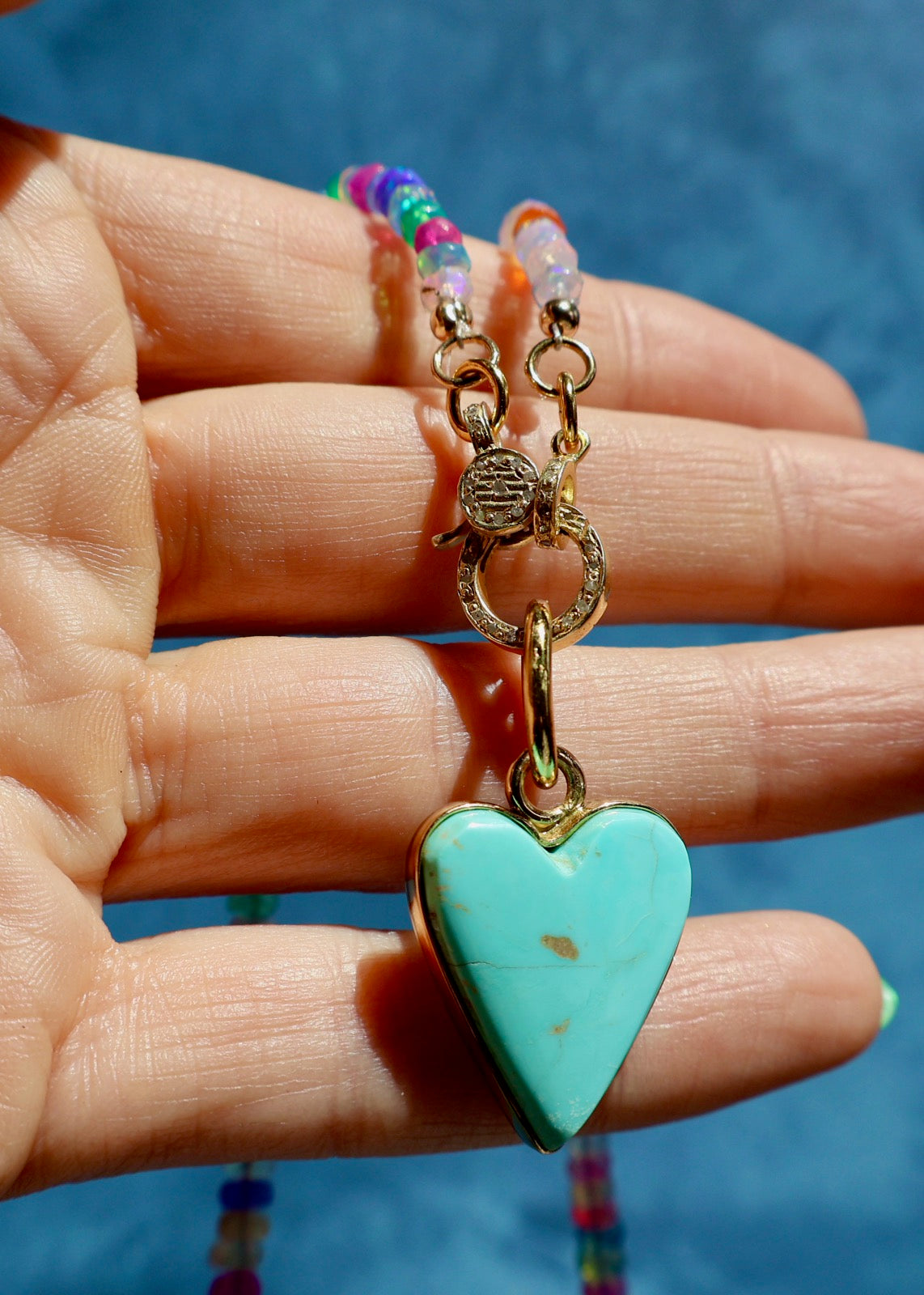 Diamond Clasp Neon Rainbow Faceted Opal Necklace with Campitos Turquoise Heart Pendant E36