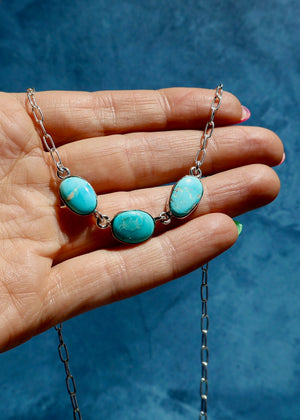 Triple Turquoise Necklace with Sterling Silver Paper Clip Chain E39