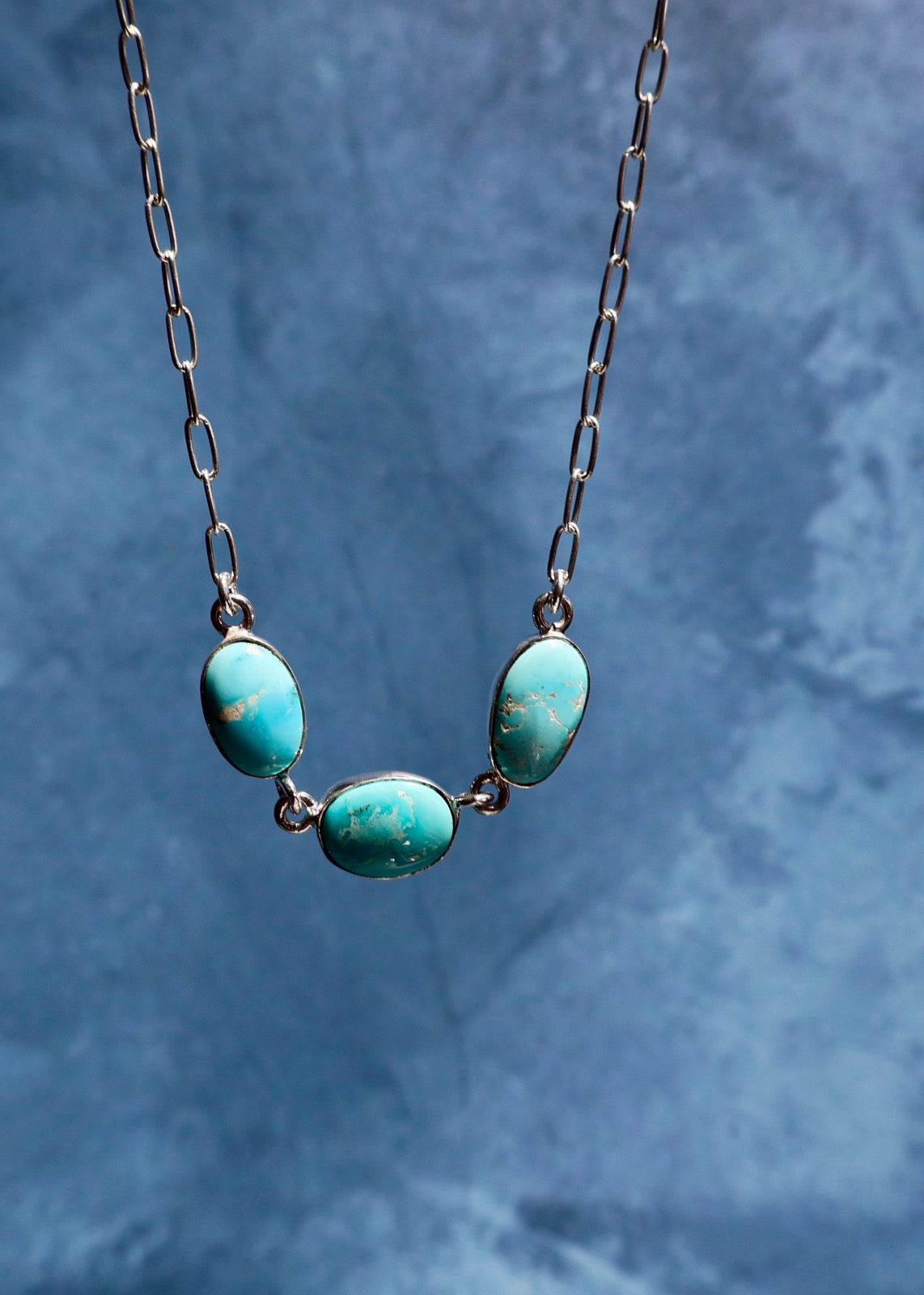 Triple Turquoise Necklace with Sterling Silver Paper Clip Chain E39