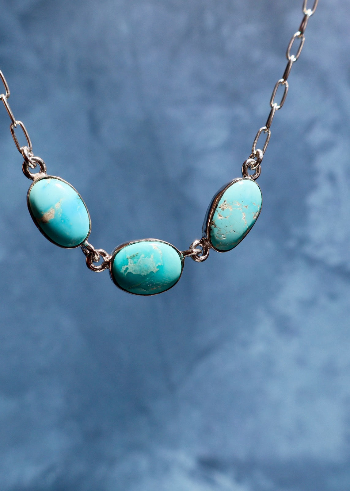 Triple Turquoise Necklace with Sterling Silver Paper Clip Chain E39