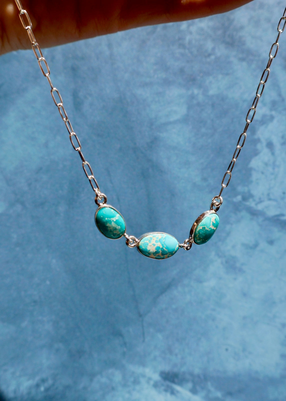 White Water Triple Turquoise Necklace with Sterling Silver Paper Clip Chain E40