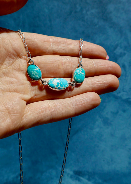White Water Triple Turquoise Necklace with Sterling Silver Paper Clip Chain