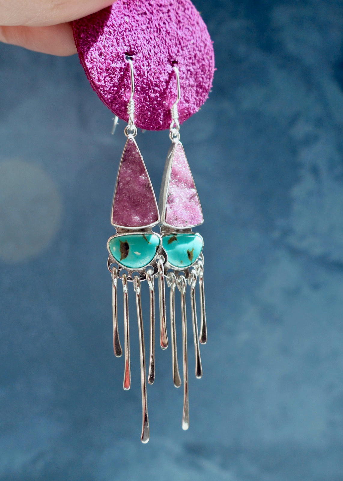 Electric Desert Sterling Silver Fringe Earrings with Cobalto Calcite and Turquoise E59