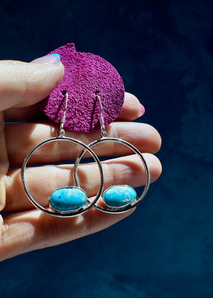 White Water Turquoise & Sterling Silver Hoop Earrings E54