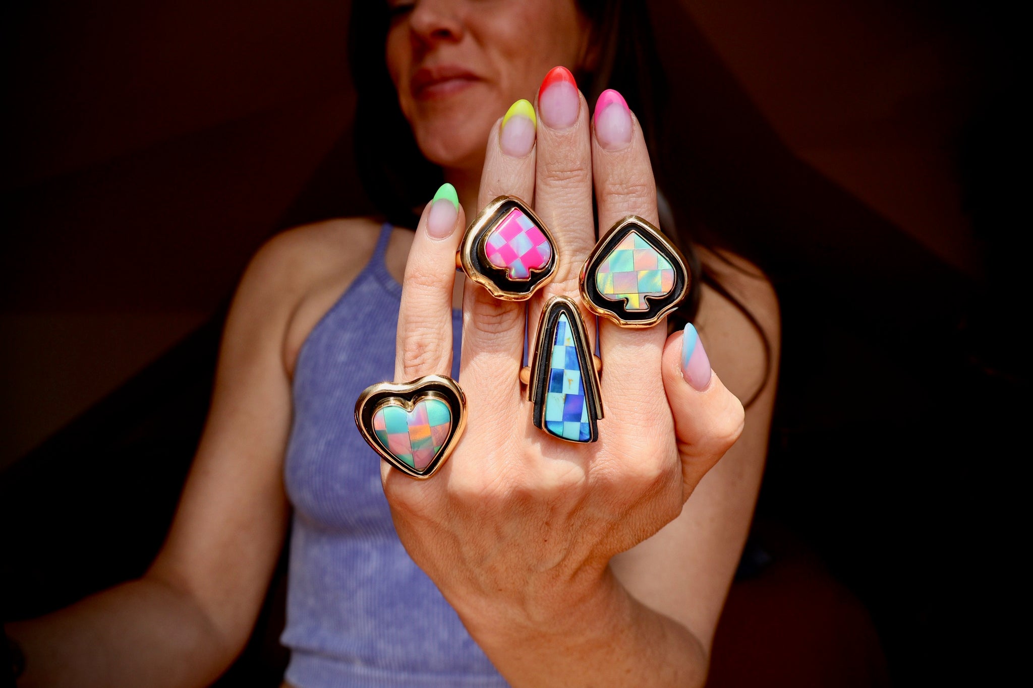 Checkerboard Aurora Opal Spade Adjustable Ring in Gold Alchemia E20