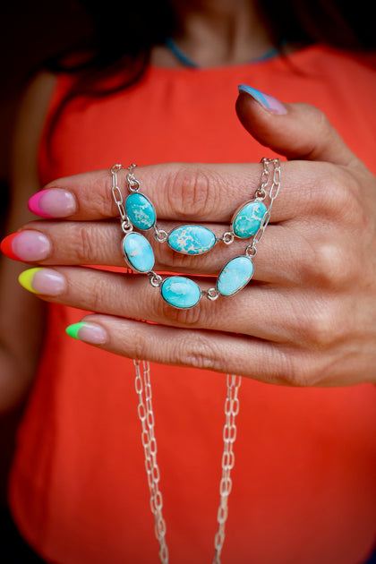 Triple Turquoise Necklace with Sterling Silver Paper Clip Chain
