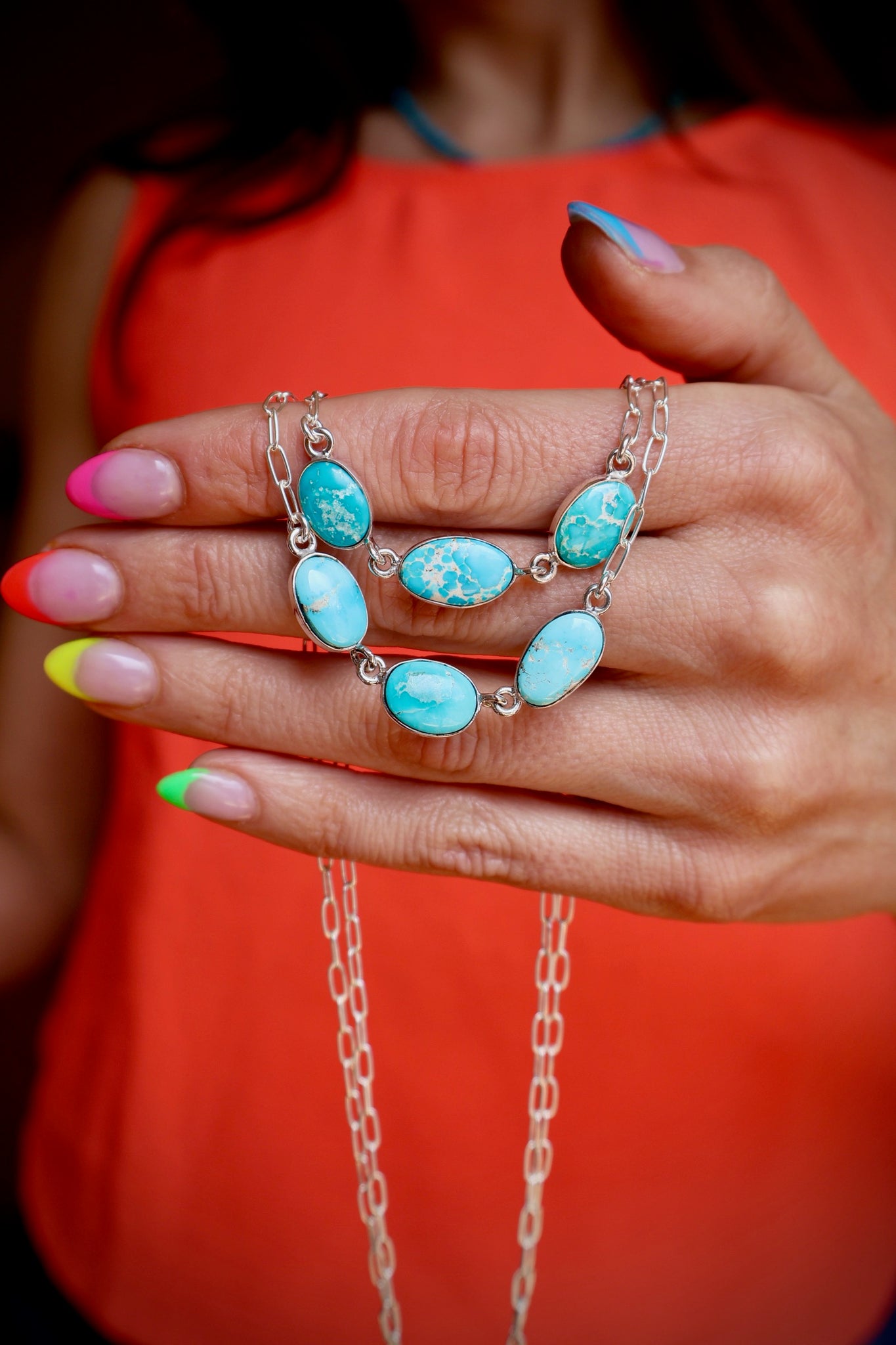 Triple Turquoise Necklace with Sterling Silver Paper Clip Chain E39