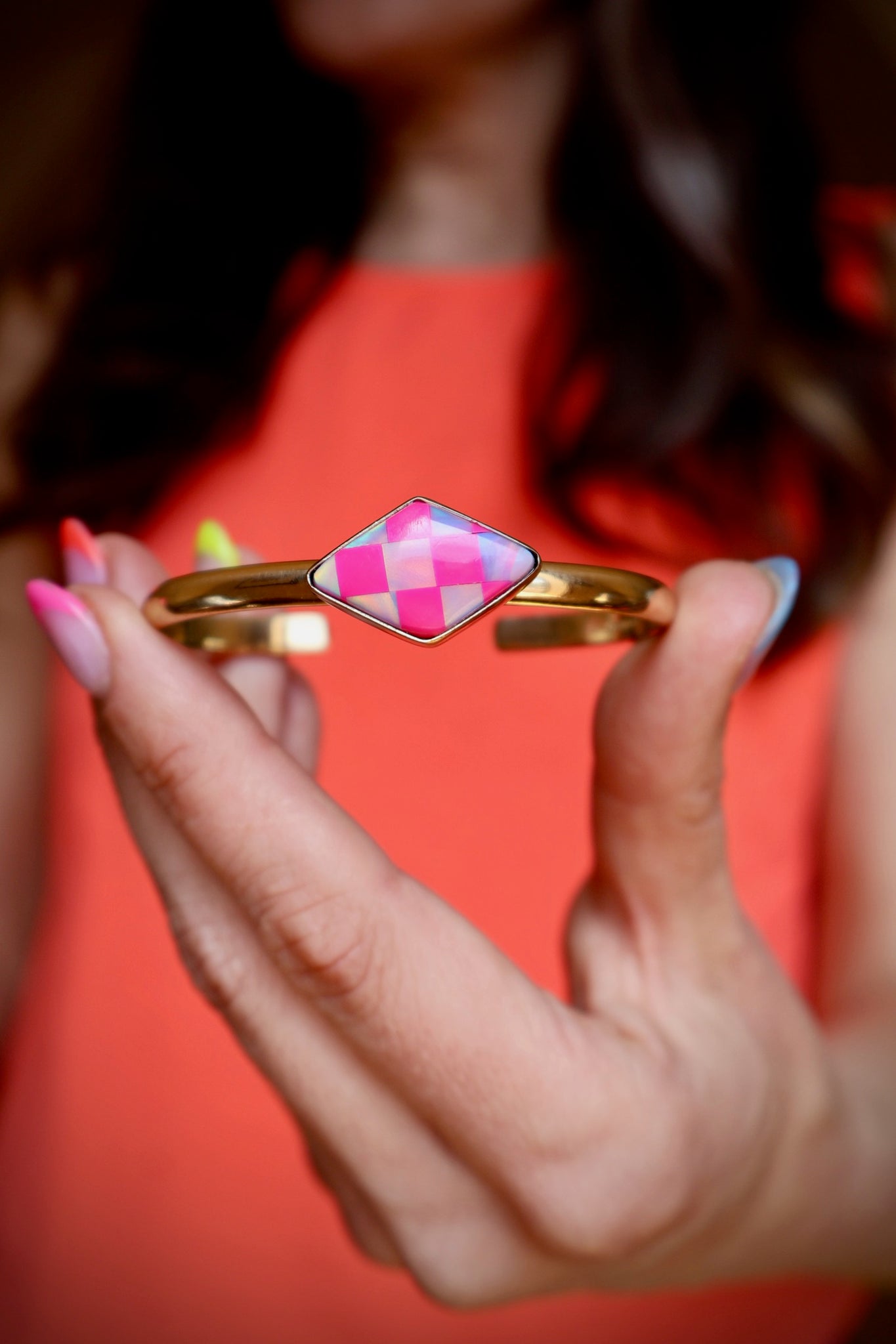 Hot Pink Checkerboard Opal Stacker Cuff Bracelet E5