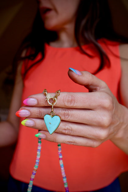 Diamond Clasp Neon Rainbow Faceted Opal Necklace with Campitos Turquoise Heart Pendant