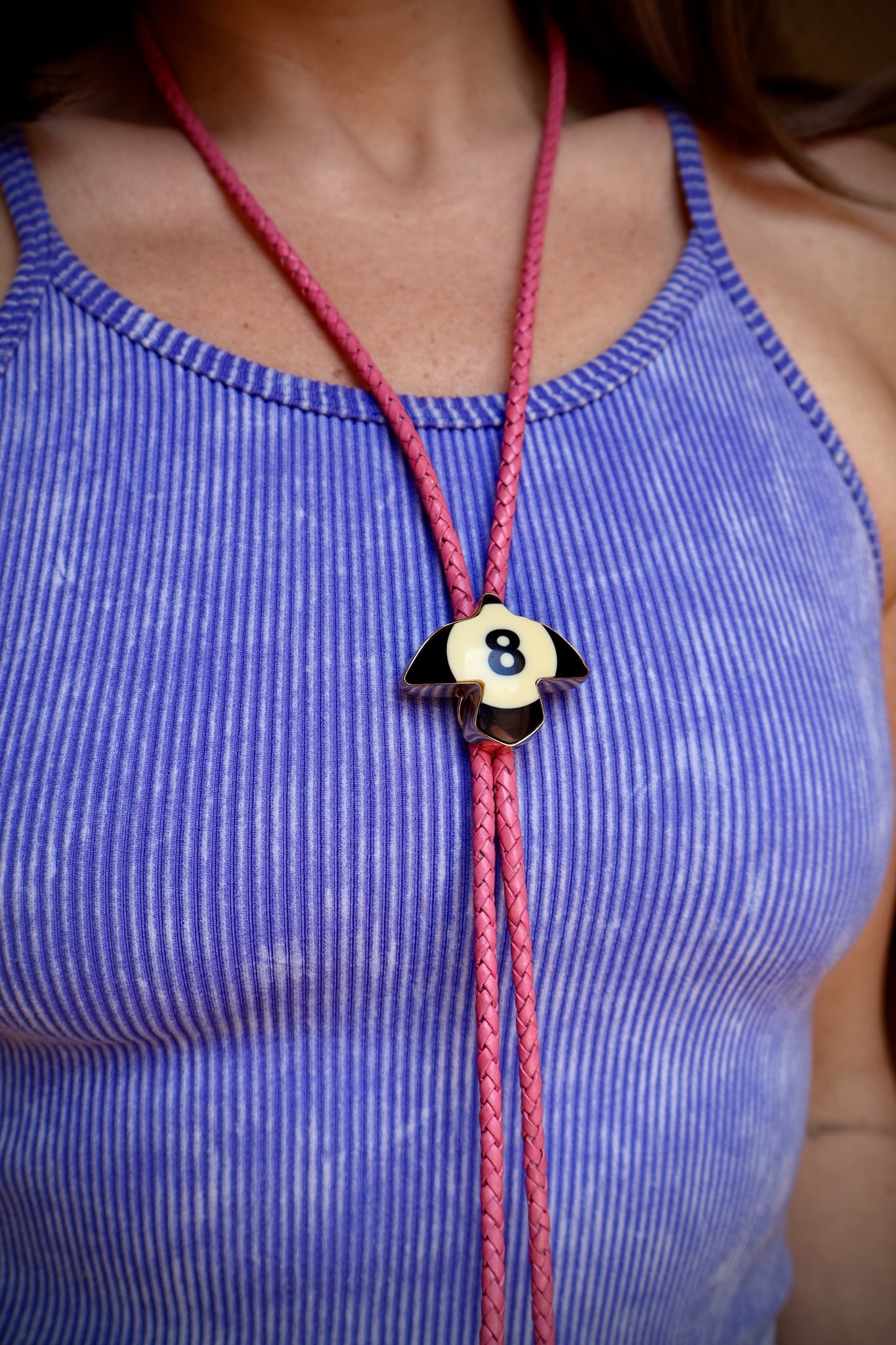 Vintage Pool Ball Thunder Bird 8 Ball Bolo on Pink Leather