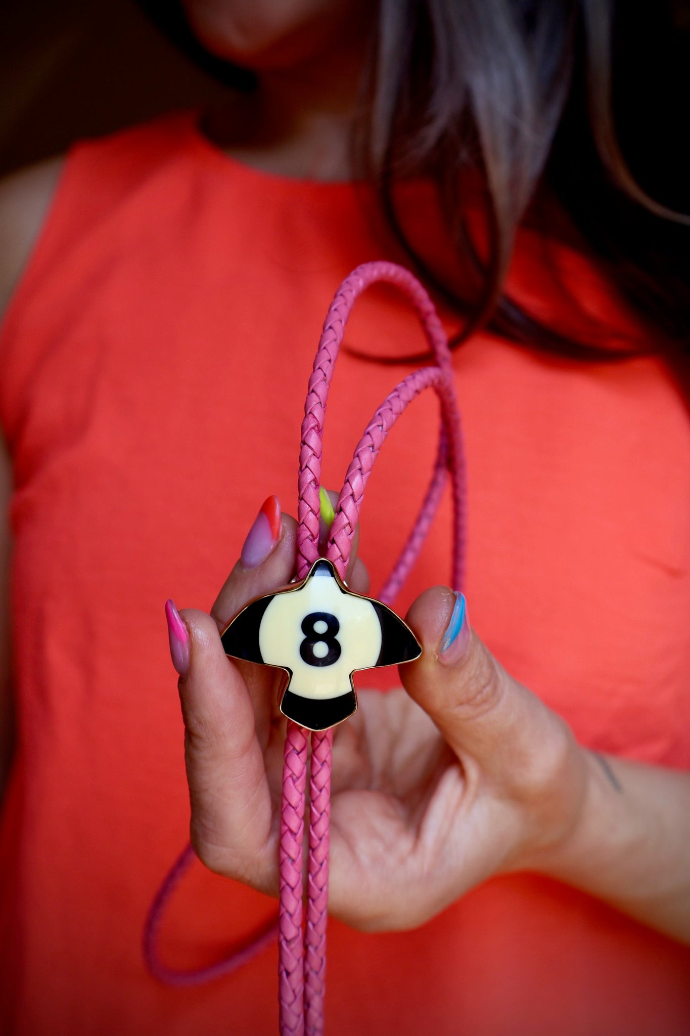 Vintage Pool Ball Thunder Bird 8 Ball Bolo on Pink Leather
