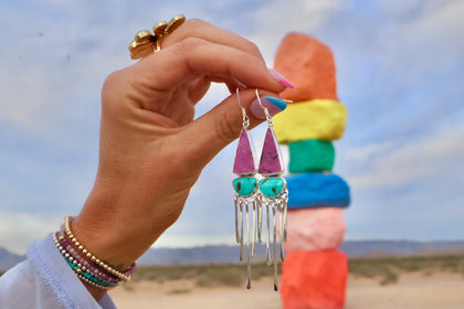 Electric Desert Sterling Silver Fringe Earrings with Cobalto Calcite and Turquoise
