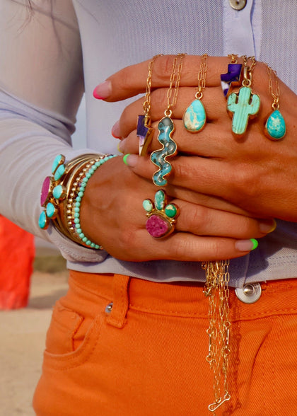 Cobalto Calcite & Turquoise Adjustable Ring in Gold Alchemia