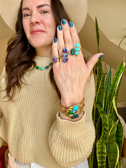 Purple Mojave Turquoise & Gold Alchemia Double Band Adjustable Ring