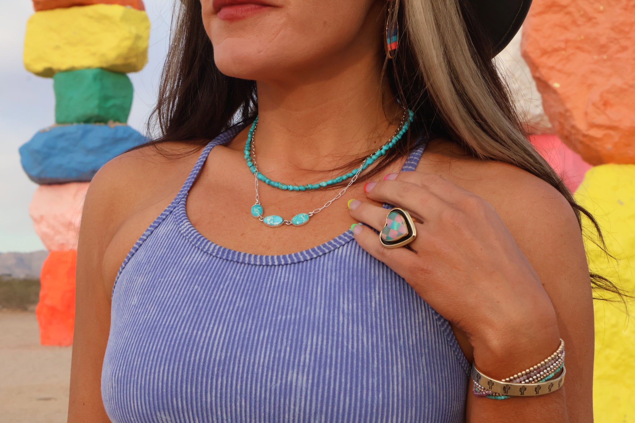 Triple Turquoise Necklace with Sterling Silver Paper Clip Chain E39