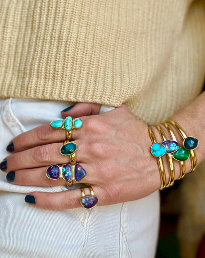Triple Stone Faceted Turquoise & Gold Alchemia Adjustable Ring