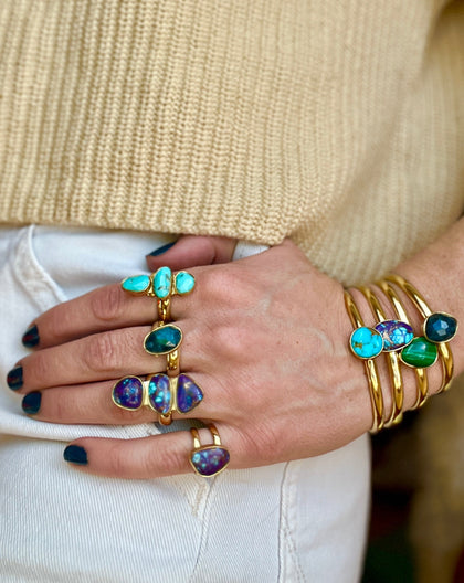 Triple Stone Faceted Turquoise & Gold Alchemia Adjustable Ring