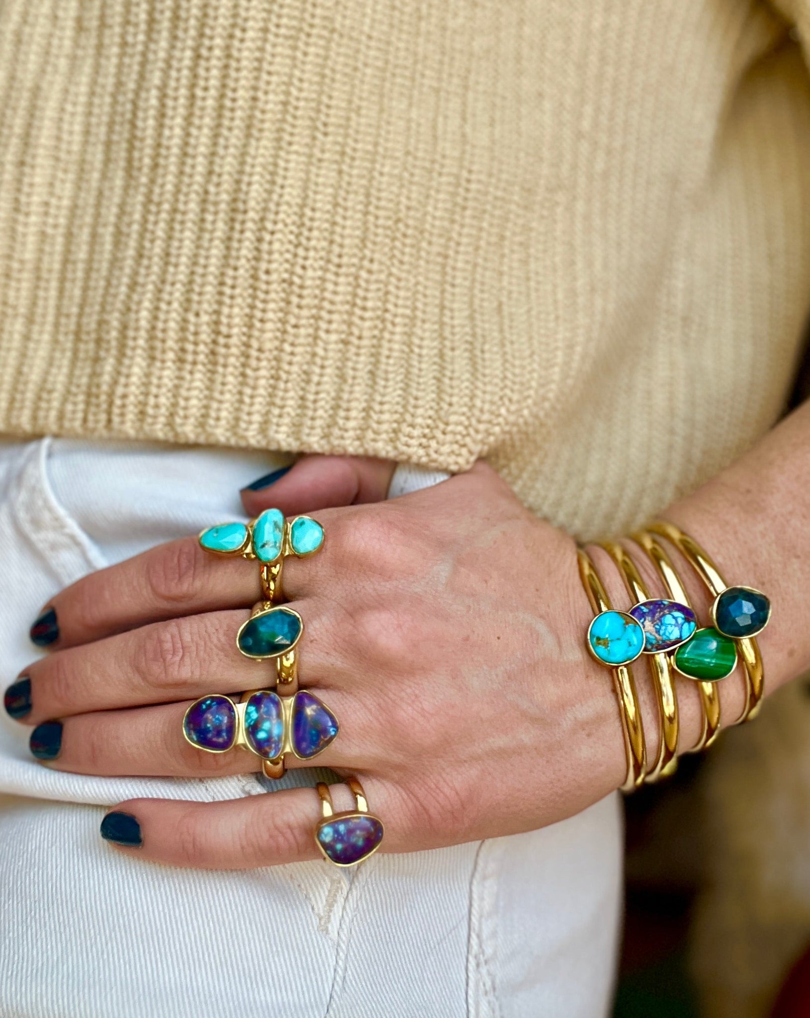 Triple Stone Faceted Turquoise & Gold Alchemia Adjustable Ring W20