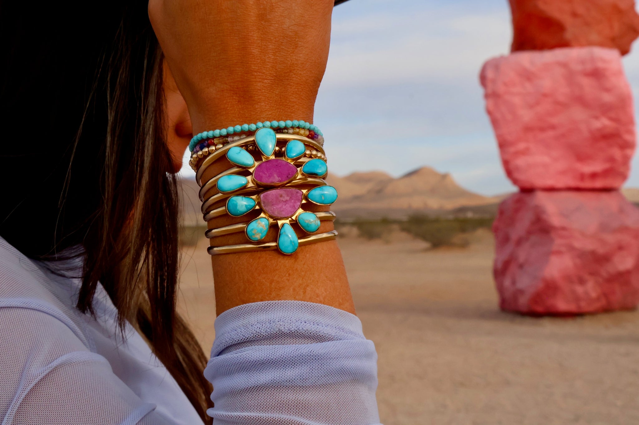 Cobalto Calcite &  Turquoise Triple Cuff Bracelet in Gold Alchemia E2