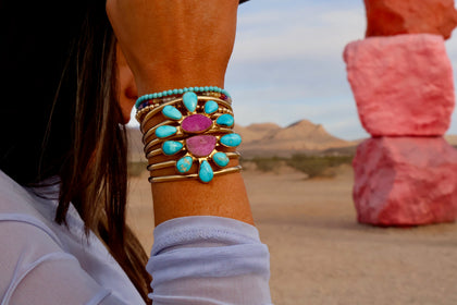 Cobalto Calcite &  Turquoise Triple Cuff Bracelet in Gold Alchemia