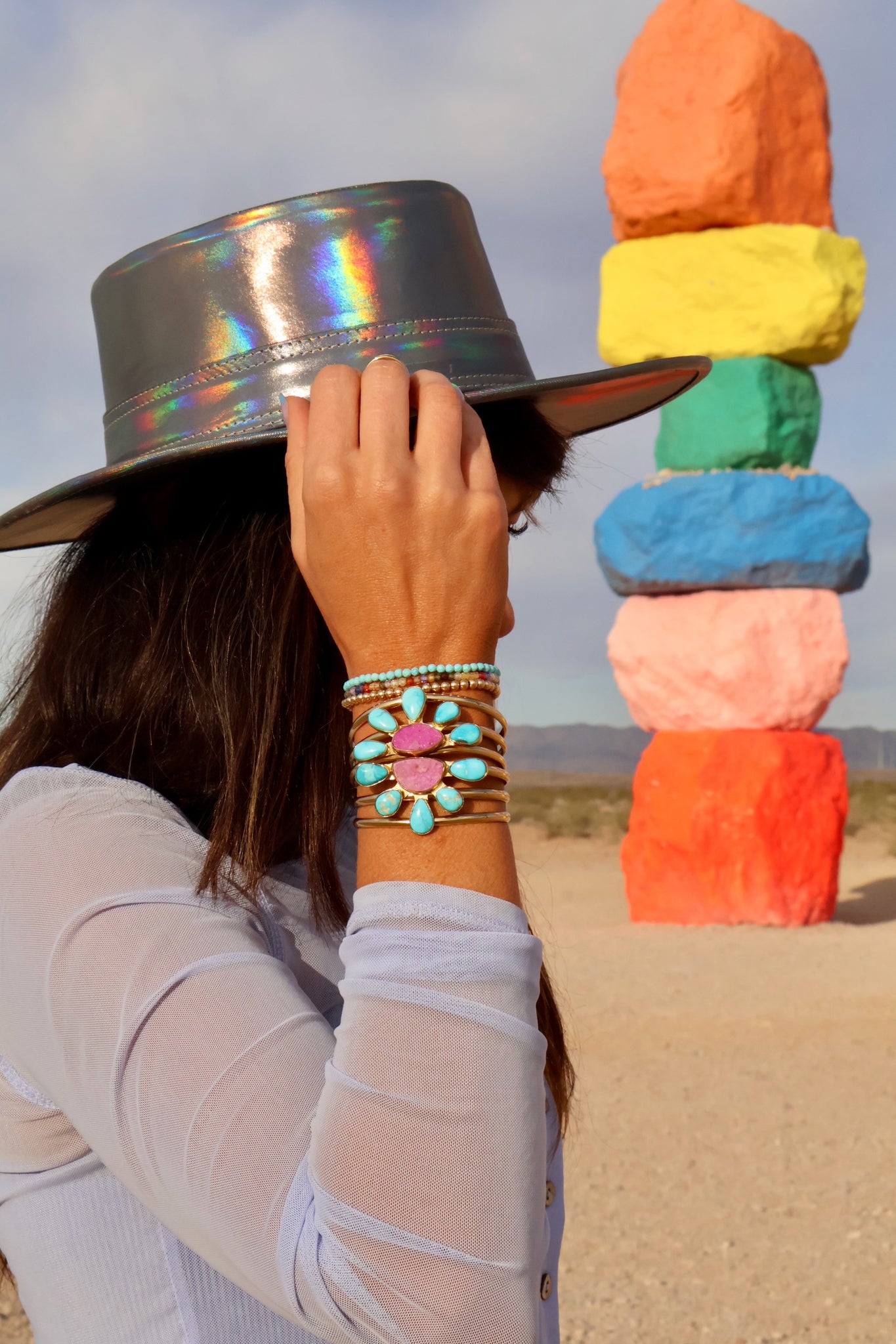 Cobalto Calcite &  Turquoise Triple Cuff Bracelet in Gold Alchemia E2