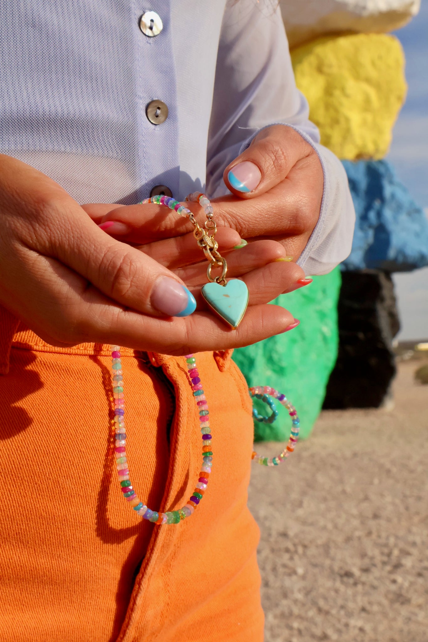 Diamond Clasp Neon Rainbow Faceted Opal Necklace with Campitos Turquoise Heart Pendant E36