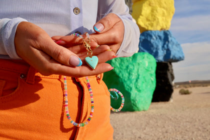 Diamond Clasp Neon Rainbow Faceted Opal Necklace with Campitos Turquoise Heart Pendant