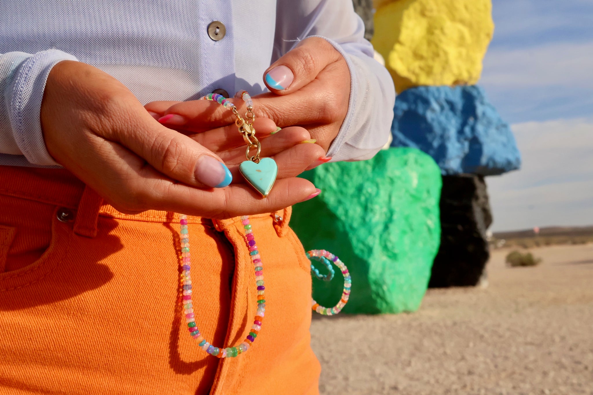 Diamond Clasp Neon Rainbow Faceted Opal Necklace with Campitos Turquoise Heart Pendant E36