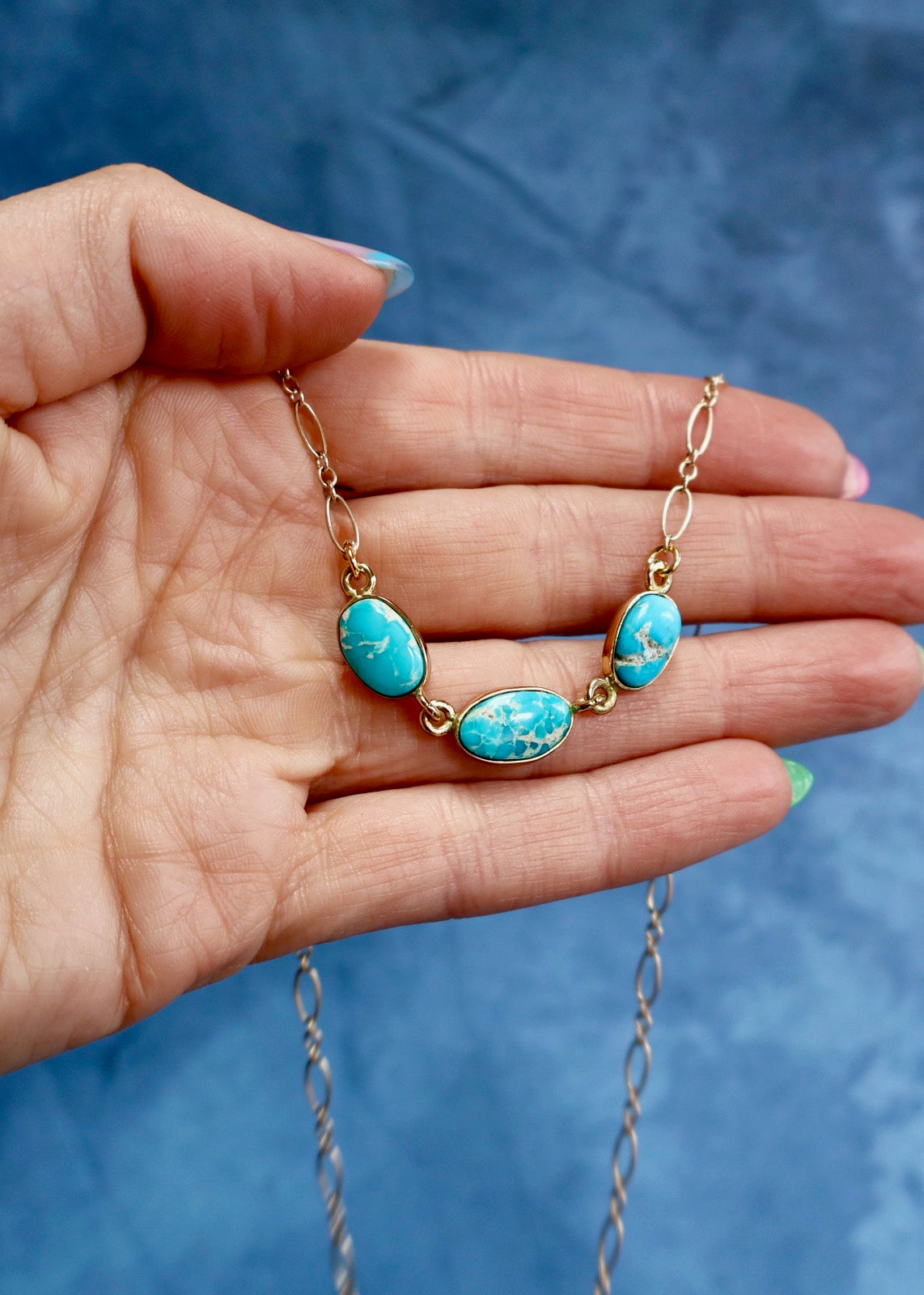 White Water Triple Turquoise Necklace with Gold Fill Chain E72
