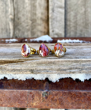 Red Agate & Gold Alchemia Adjustable Ring W6