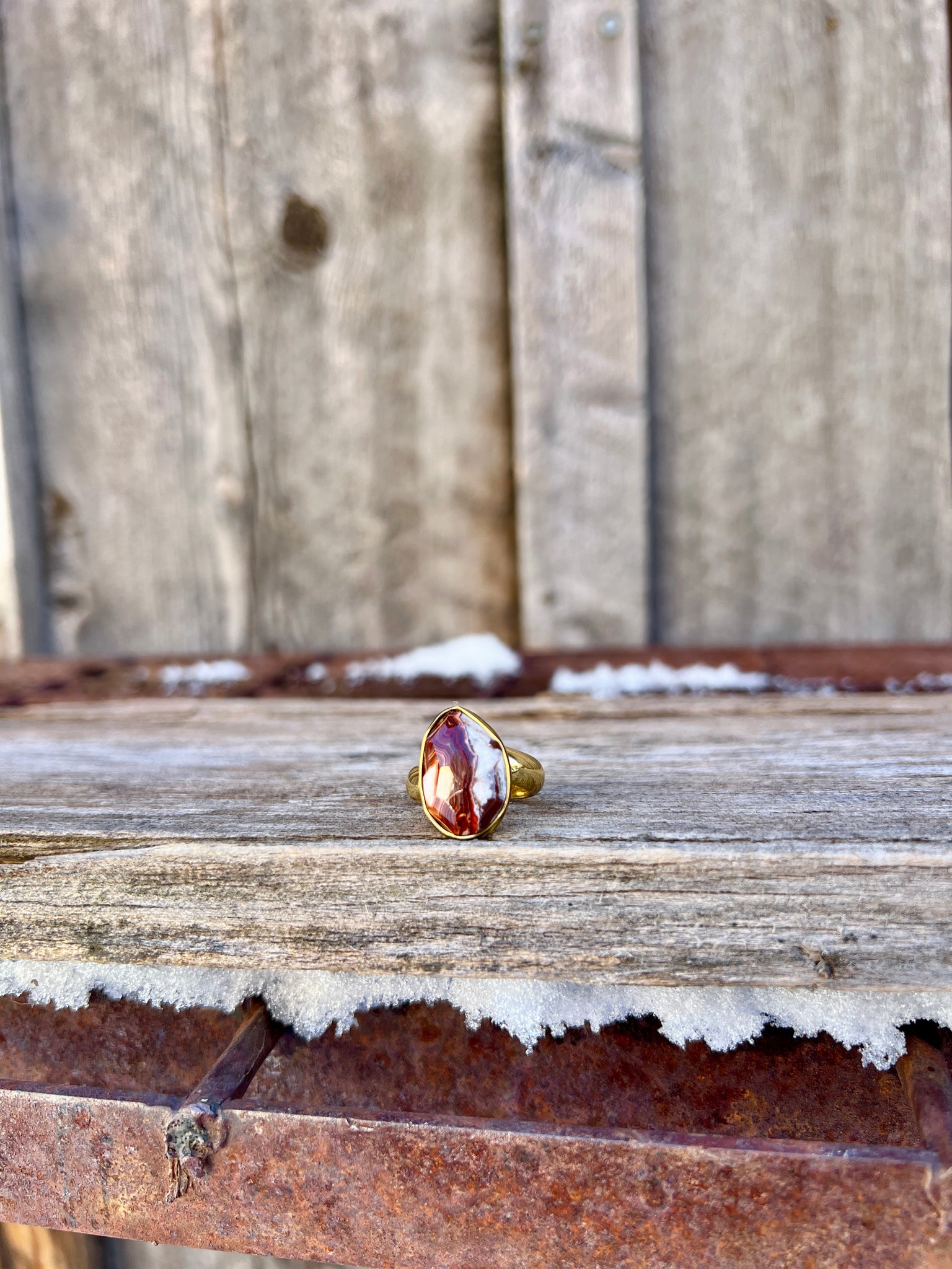 Red Agate & Gold Alchemia Adjustable Ring W6