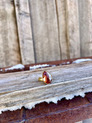 Red Agate & Gold Alchemia Adjustable Ring W6