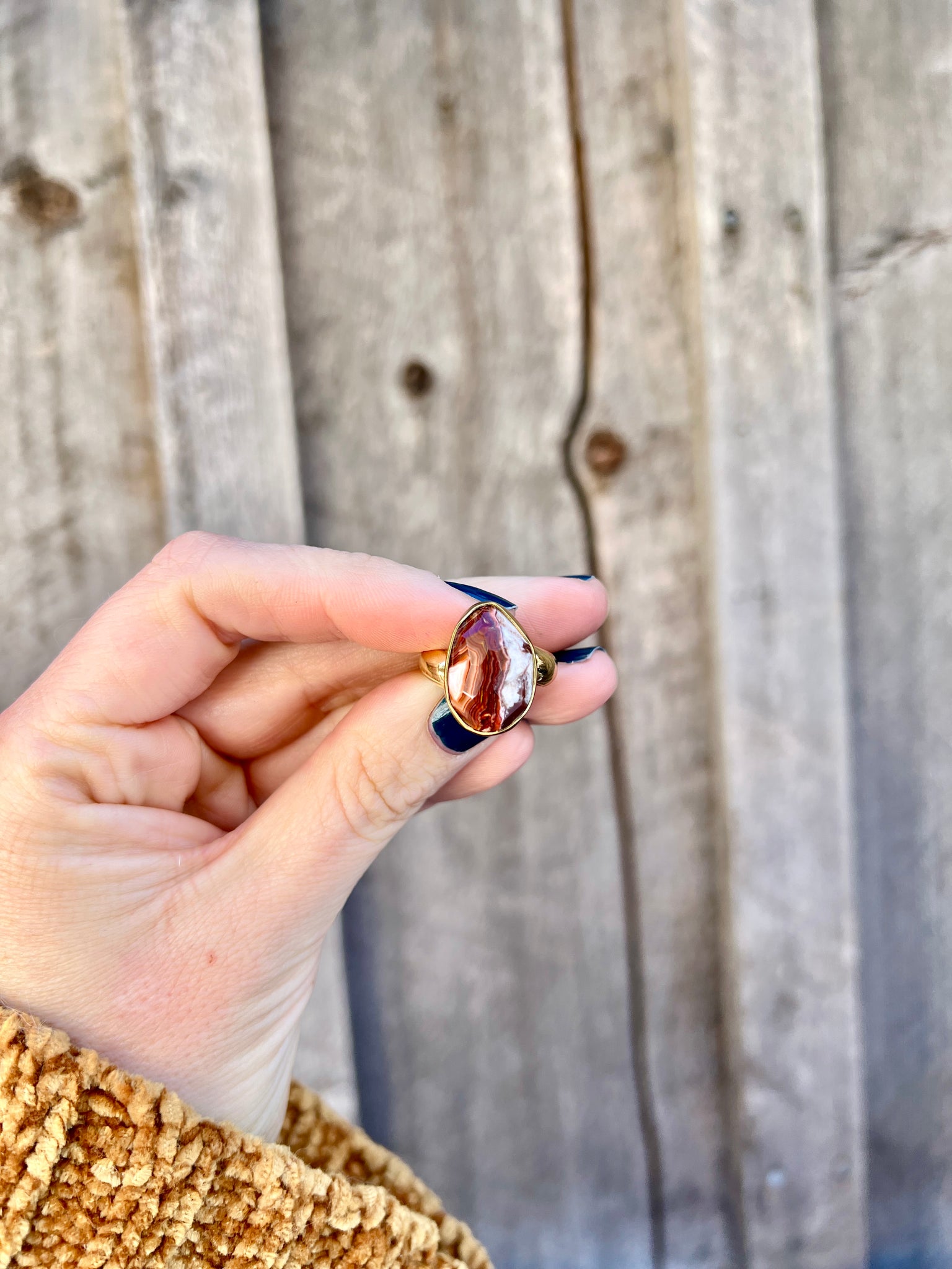 Red Agate & Gold Alchemia Adjustable Ring W6