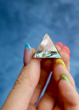Taos Triangle Coral, Mother of Pearl & Abalone Inlay Design Ring in Gold Alchemia Adjustable T003