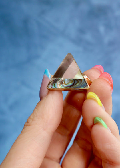 Taos Triangle Coral, Mother of Pearl & Abalone Inlay Design Ring in Gold Alchemia Adjustable