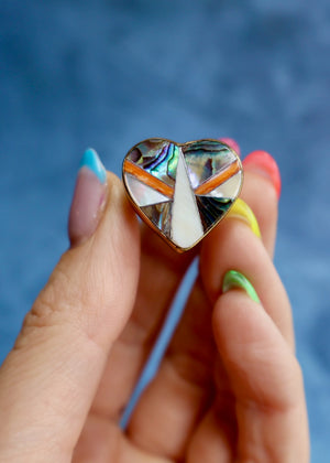 Taos Heart Shaped Coral, Mother of Pearl & Abalone Inlay Design Ring in Gold Alchemia Adjustable T001
