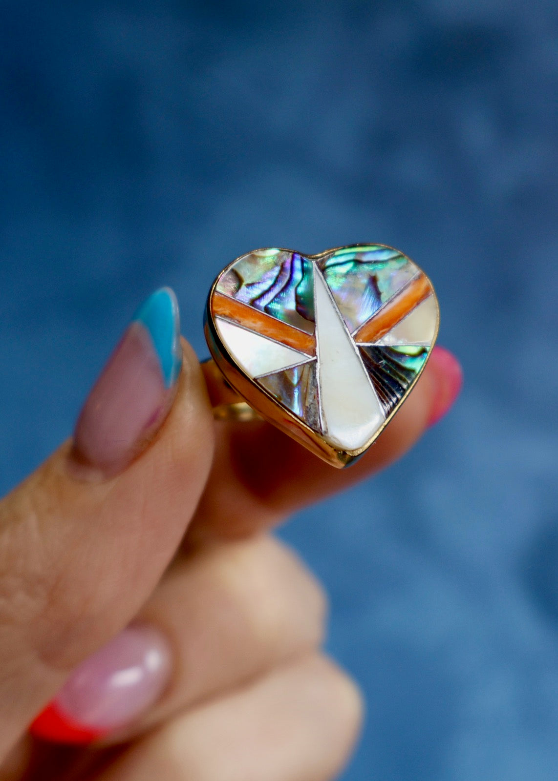 Taos Heart Shaped Coral, Mother of Pearl & Abalone Inlay Design Ring in Gold Alchemia Adjustable T001