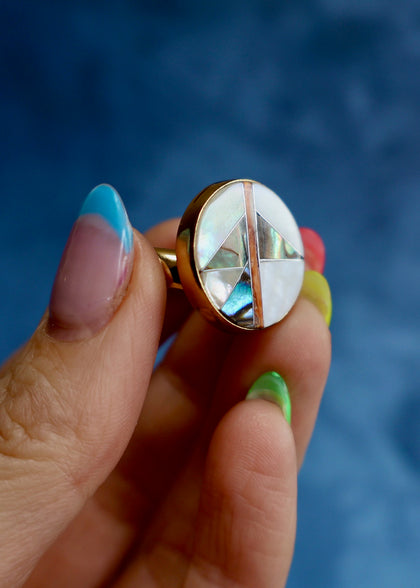 Coral, Mother of Pearl & Abalone Inlay Design Ring in Gold Alchemia Adjustable