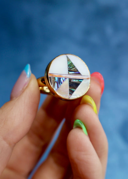 Coral, Mother of Pearl & Abalone Inlay Design Ring in Gold Alchemia Adjustable