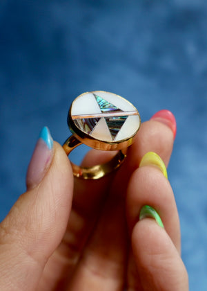Taos Coral, Mother of Pearl & Abalone Inlay Design Ring in Gold Alchemia Adjustable T199
