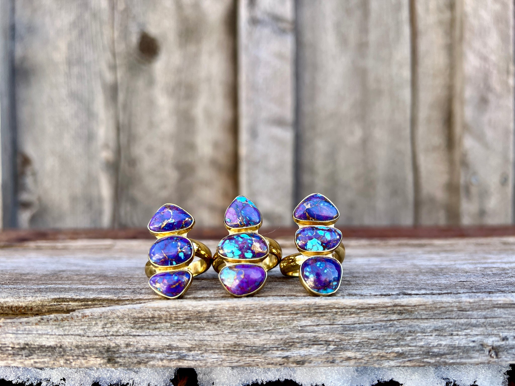 Triple Stone Purple Mojave Turquoise & Gold Alchemia Adjustable Ring W16