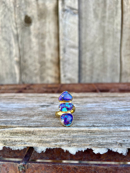 Triple Stone Purple Mojave Turquoise & Gold Alchemia Adjustable Ring